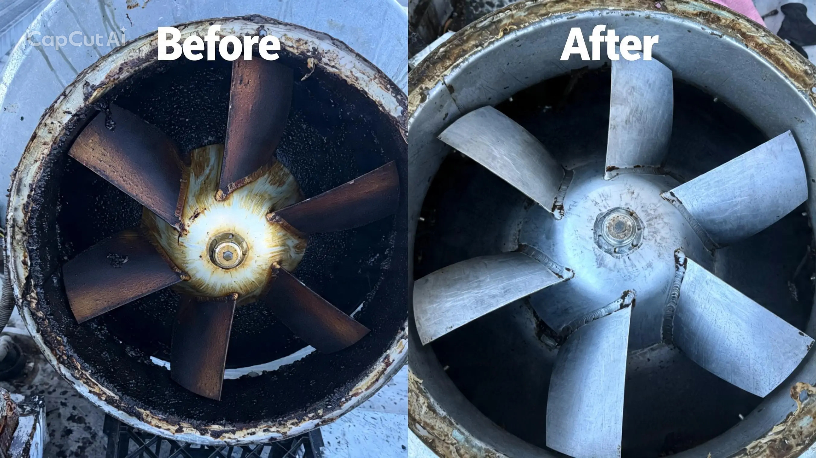 Commercial exhaust fan before and after Skykleen cleaning